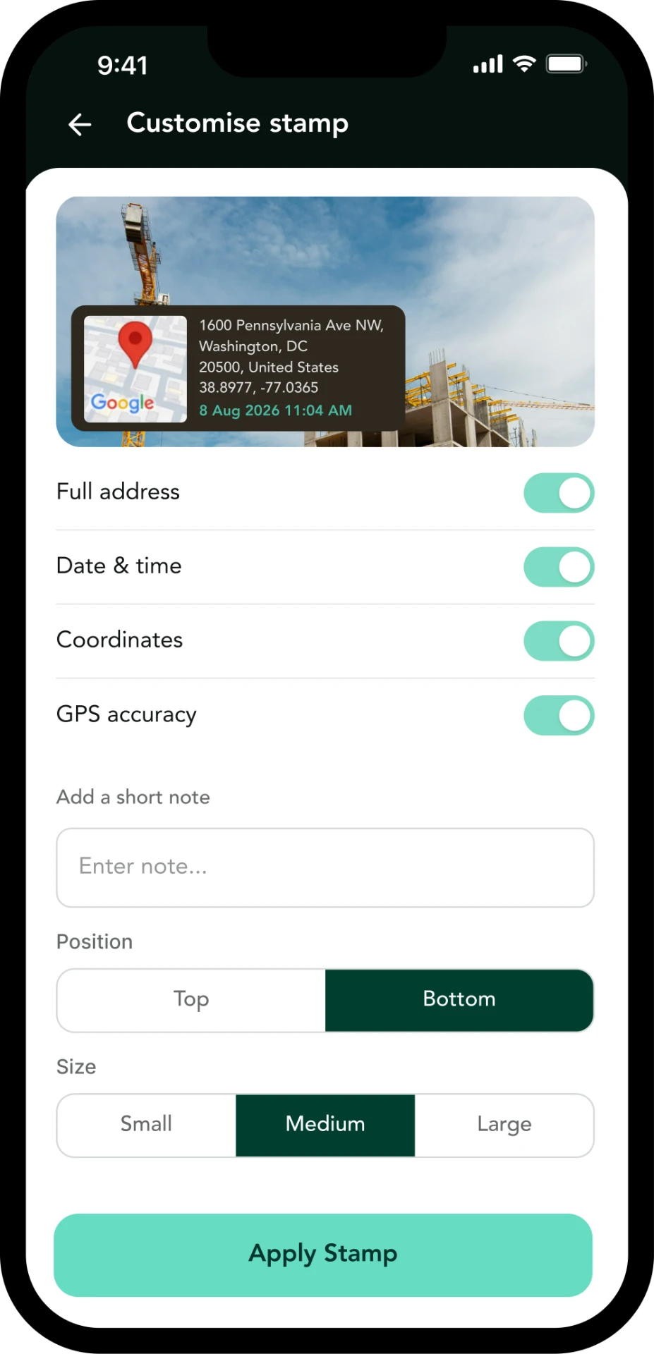 TagCam Customise stamp screen with toggles, note field, position and size controls