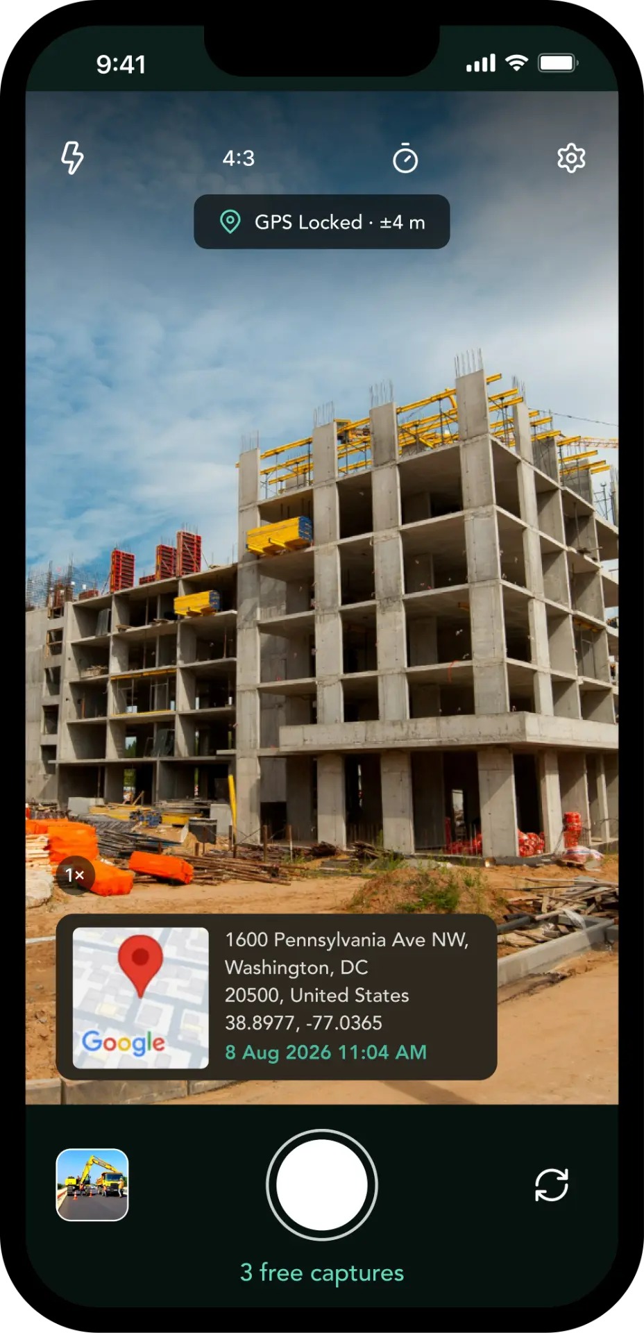 TagCam camera screen showing a GPS-locked location stamp over a construction site