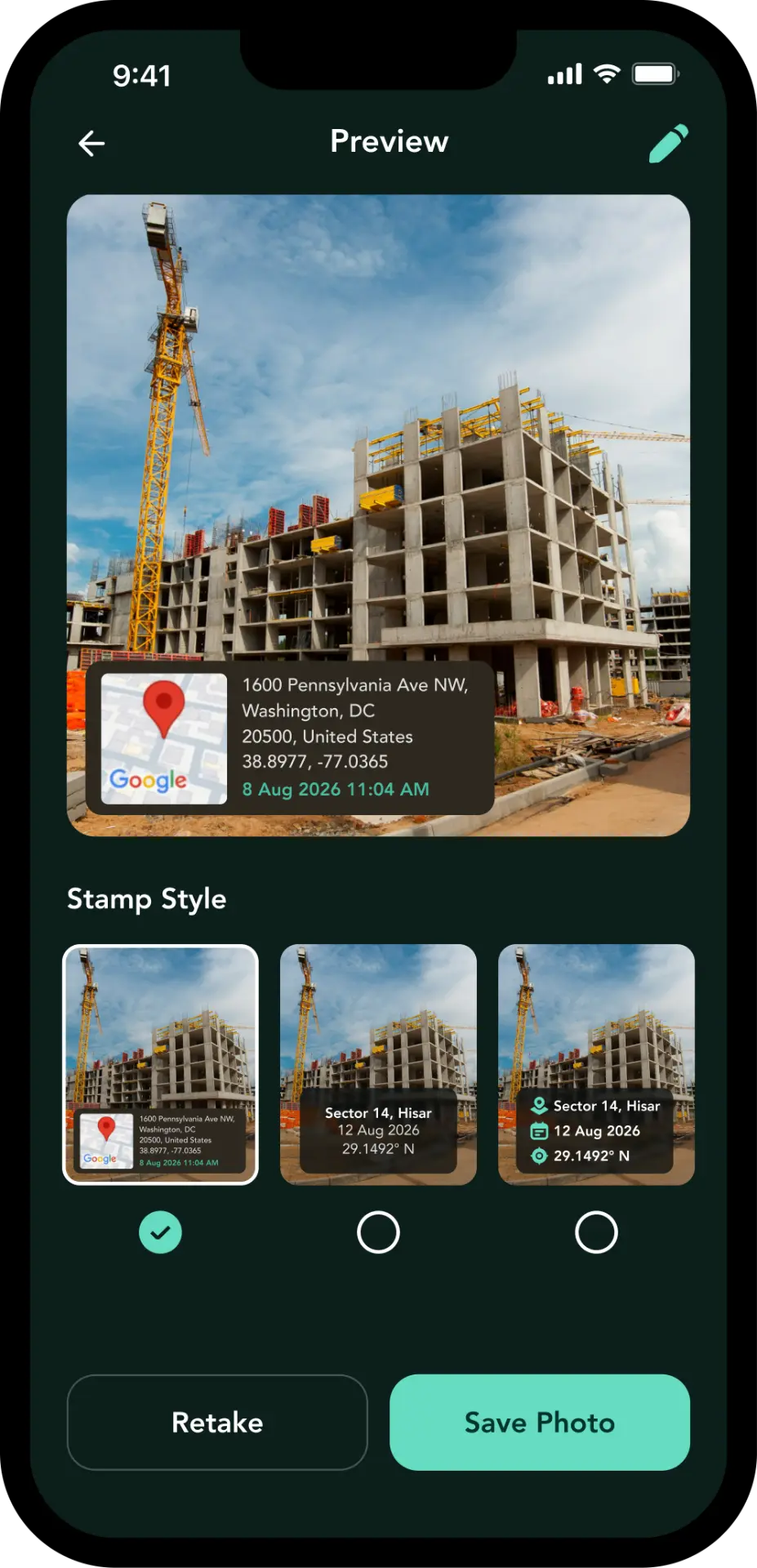 TagCam Preview screen showing three selectable stamp styles